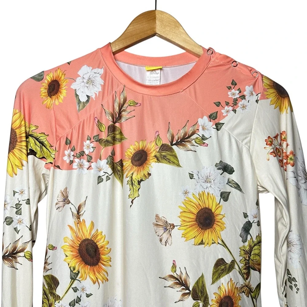 Agua Bendita Girls Sunflower Floral Rash Guard Swim Top Long Sleeve Coral 12‎